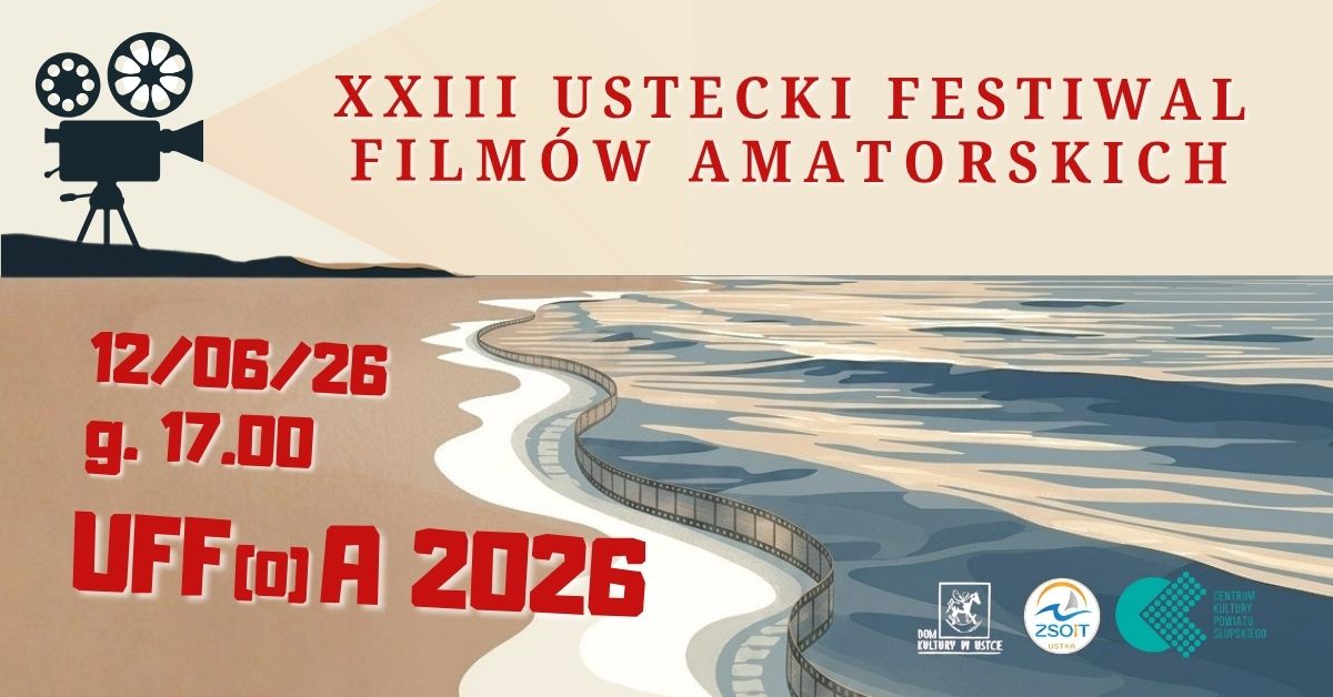 Plaża i morze, na linii brzegowej taśma filmowa, po lewej u góry kamera filmowa. Czerwone napisy z informacją o festiwalu i dacie.