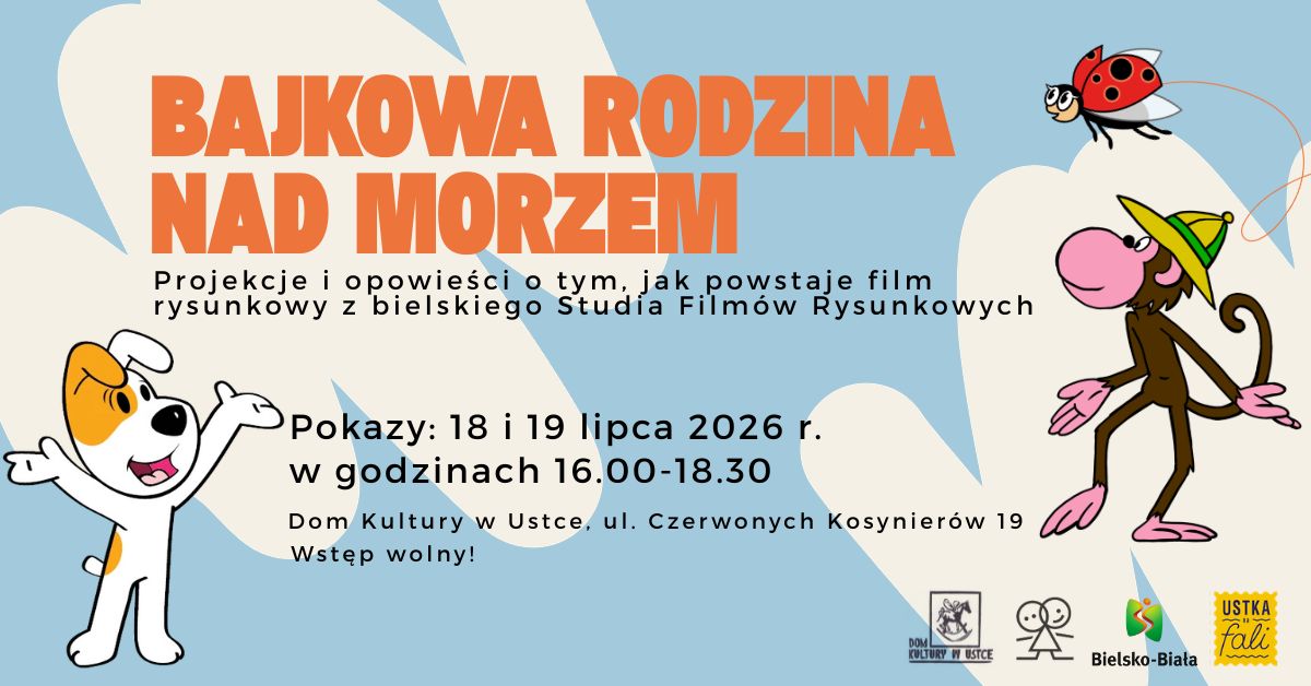 Na niebieskim tle kraeskówkowe postaci i pomarańczowy napis