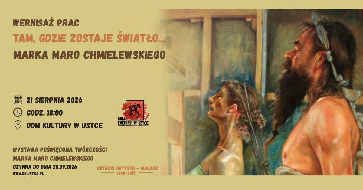 Żółto beżowe tło, po prawej obraz pokazujący nagiego, brodatego mężczyznę, a przed nim kobietę.