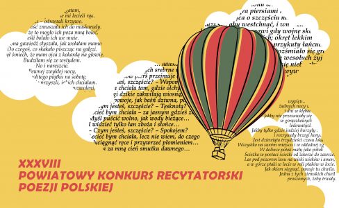 plakat: na żółtym tle wsród chmur leci balon, a na chmurach unosi sie tekst