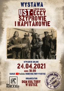 plakat: w centrum czterech rybaków ze starej fotografii i informacje o wystawie