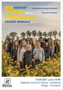plakat: młodzież w rzepaku, informacje dotyczące koncertu młodzieży
