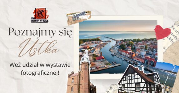 Po prawej stronie zdjęcie Ustki i portu z lotu ptaka. Na pierwszym planie dom w kratę i latarnia.