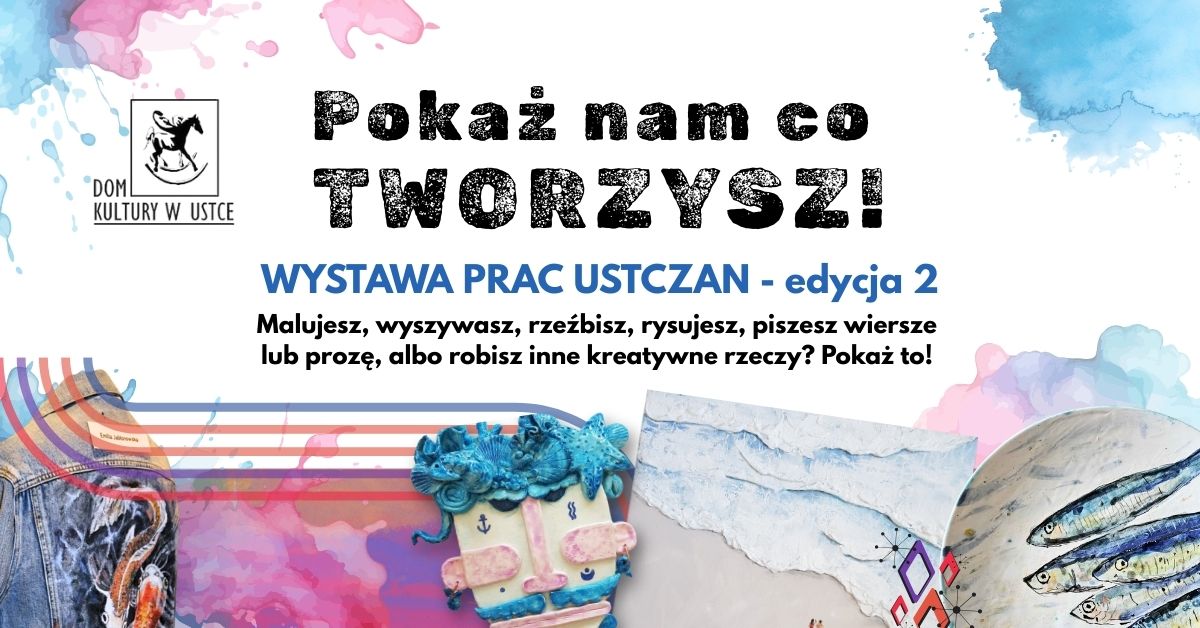 Plamy akwareli w kolorze niebieskim i różowym. Na dole prace kreatywne uczestników poprzedniej edycji.