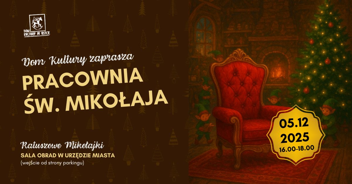 Po prawej stronie czerwony fotel i choinka. Wokół elfy. Wszystko na tle drewnianej brązowej chaty. Po lewej napisy białe i żółte na brązowym tle