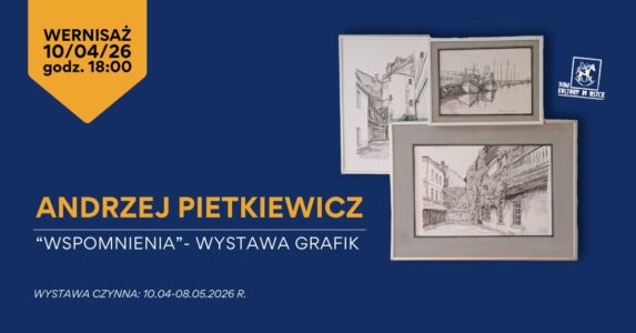 Na granatowym tle po prawej stronie trzy czarno-białe grafiki przedstawiające budynki i miejsca. Po lewej stronie żółty kształt na nim informacja o wernisażu. Poniżej żółte i białe napisy