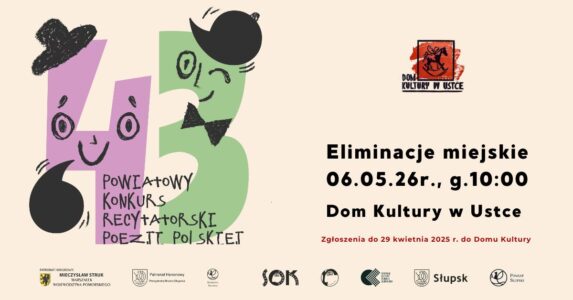 Na beżowym tle po lewej stronie kolorowe liczby 43. Po prawej napisy informujące o eliminacjach miejskich do 43 powiatowego konkursu recytatorskiego.
