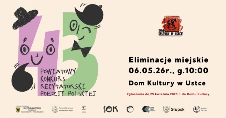 Na beżowym tle po lewej stronie kolorowe liczby 43. Po prawej napisy informujące o eliminacjach miejskich do 43 powiatowego konkursu recytatorskiego.