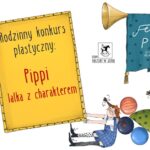 Plakat rodzinnego konkursu plastycznego „Pippi – lalka z charakterem” organizowanego przez Dom Kultury w Ustce w ramach Festiwalu Pippi. Na ilustracji kilka postaci rudowłosej Pippi w niebieskiej sukience oraz kolorowe elementy graficzne.