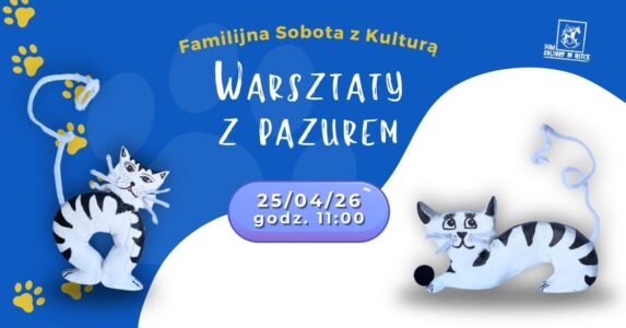 Na niebieskim i białym tle białe koty z gliny w czarne paski. Na środku fioletowy kształt z datą i godziną.