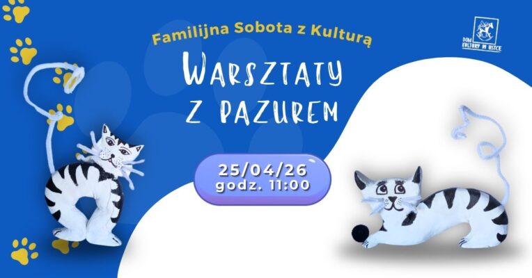 Na niebieskim i białym tle białe koty z gliny w czarne paski. Na środku fioletowy kształt z datą i godziną.